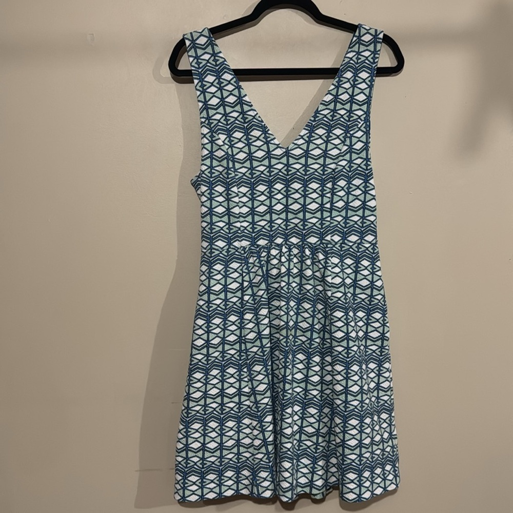 Maeve Anthropologie Double V Dress Green Blue Textured Geometric
Print Sz 14 - Picture 3 of 8